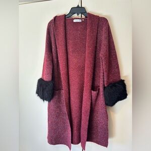 Patrizia Luca Burgundy Cardigan with Black Fur Cuffs